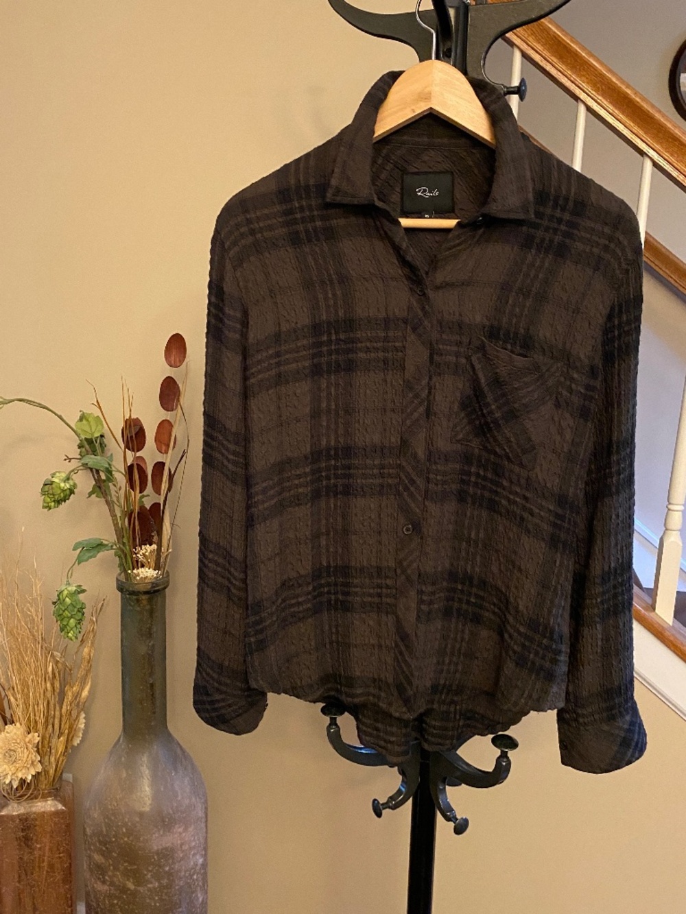 Rails Brady Plaid Crinkle Button Down Shirt Moss Onyx Green Black XS